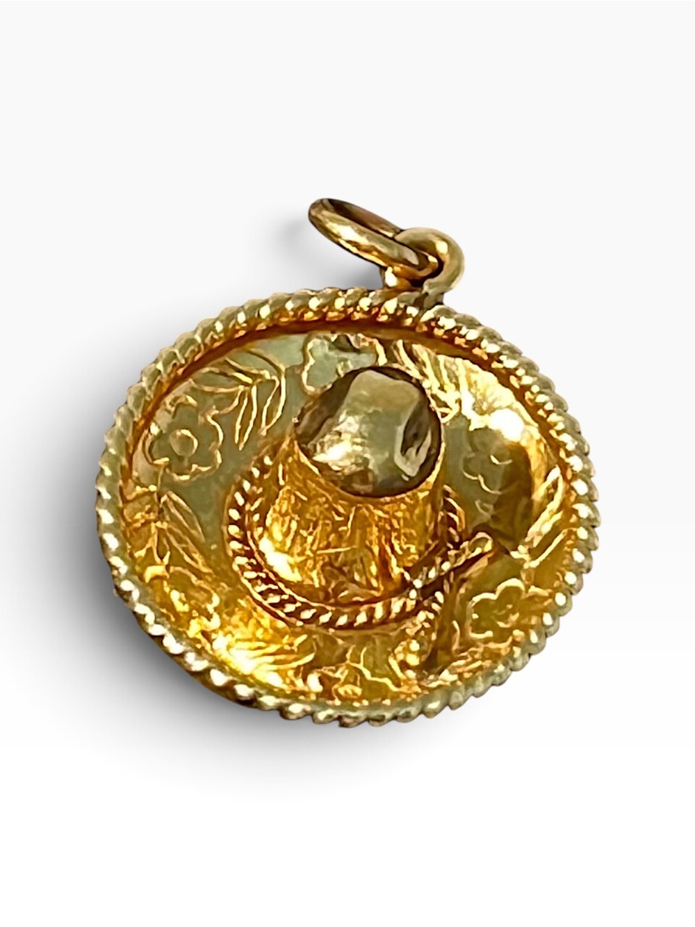 1950s Vintage 14K Solid Gold 3D Floral Etched Sombrero Hat Charm Heirloom 2.23g